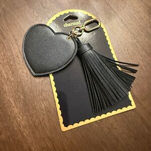 NWT! 🖤 Bag charm or keychain. Faux leather tassel, cute heart shaped mirror